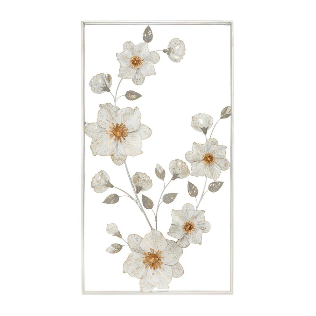 Aranyozott virágos fém fali dekoráció, fehér keretben, törtfehér - PRINTEMPS - Butopêa
